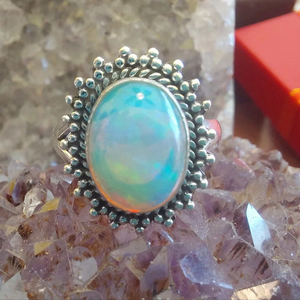 Sterling Silver Ethiopian Opal Halo Statement Ring
